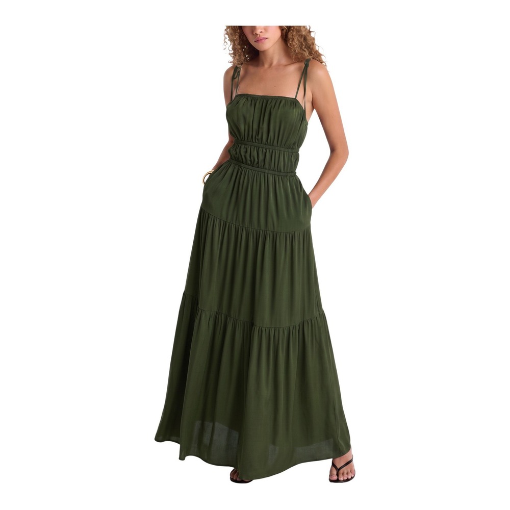 Express Olive Green Square Neck Tie Strap Ruched Tiered Maxi Dress M